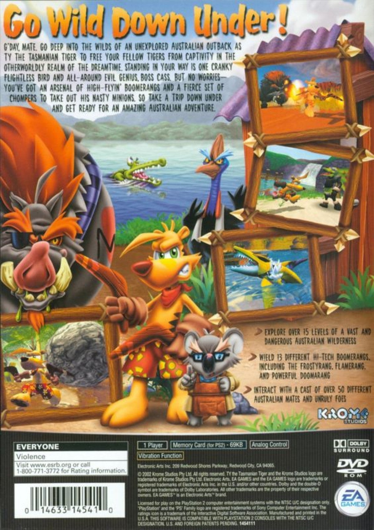 Ty the Tasmanian Tiger – PlayStation 2 (PS2) back of case for the video game, 3D platformer genre