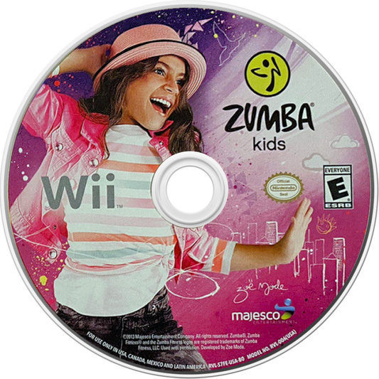 Zumba Kids disc art for Nintendo Wii (Wii) featuring energetic dance fitness routines for children with colorful visuals and fun multiplayer party gameplay.