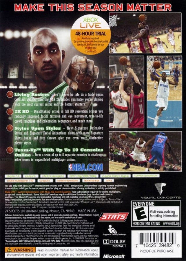 NBA 2K9 back of case for Xbox 360 (X360) sports basketball video game
