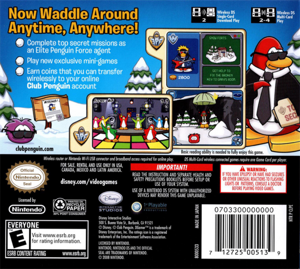 Club Penguin: Elite Penguin Force back of case for Nintendo DS (DS) adventure puzzle video game