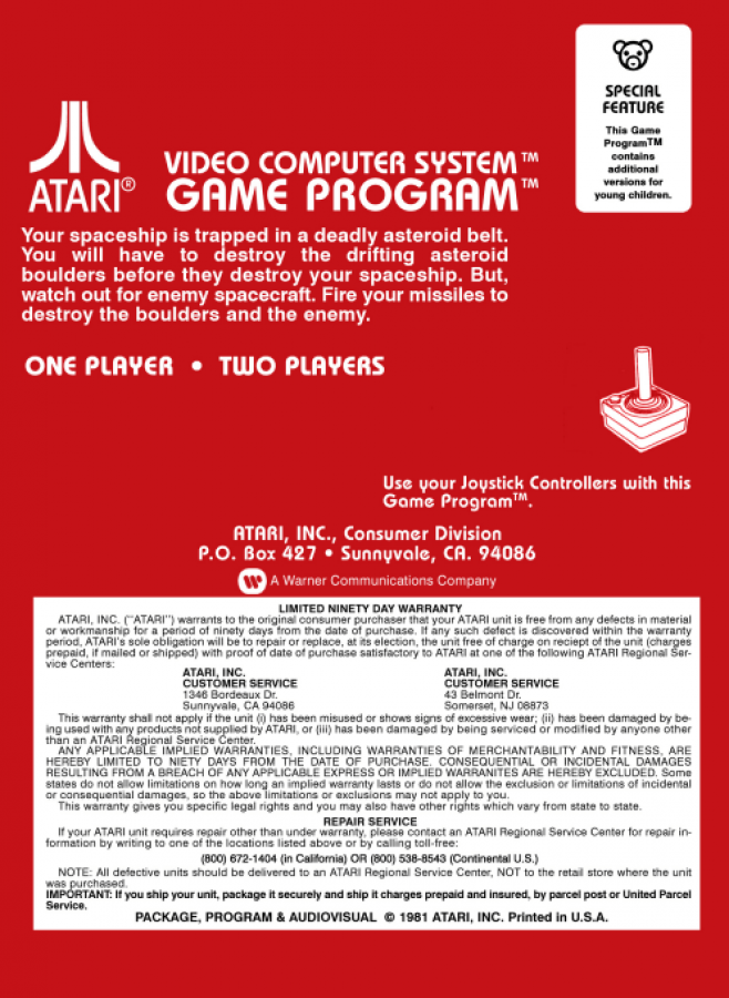 Asteroids back cover art for Atari 2600 (2600) video game