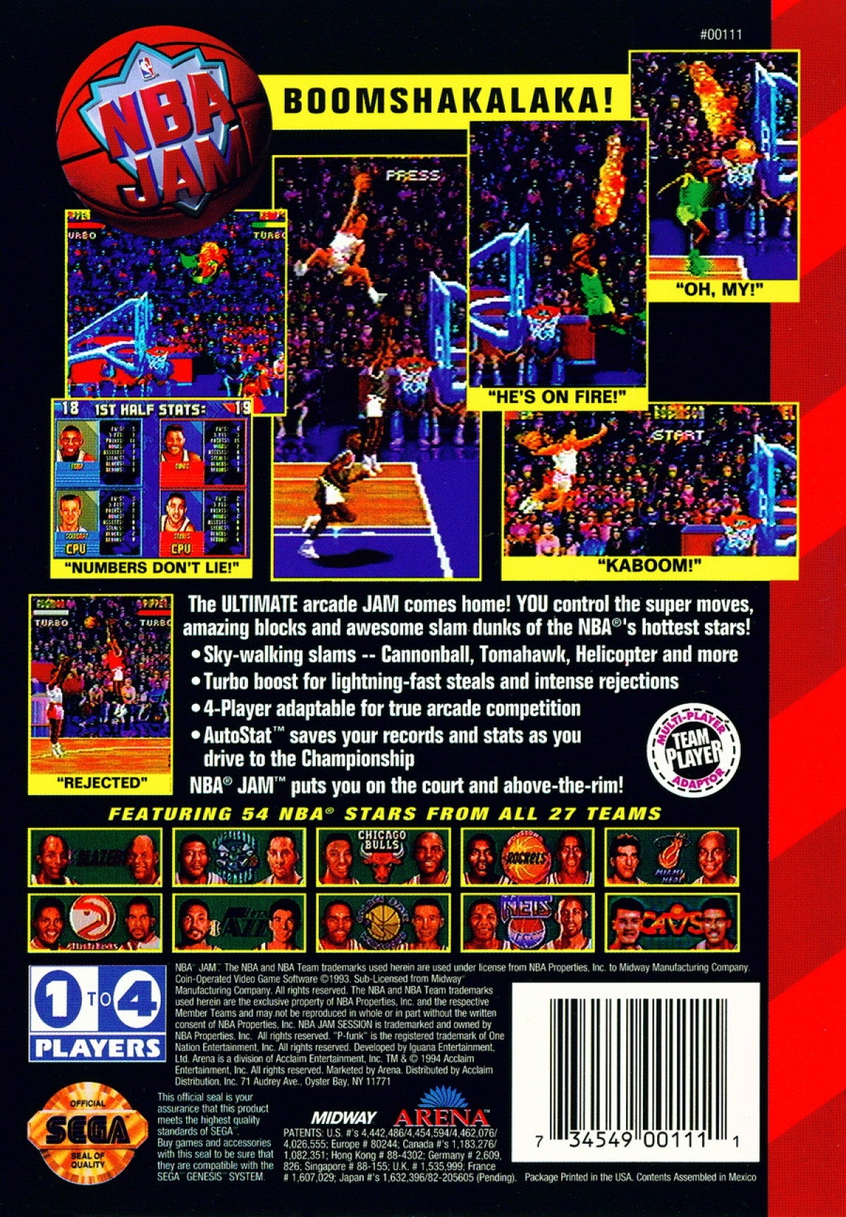 NBA Jam Sega Genesis retro video game arcade sports basketball back of case (1993)