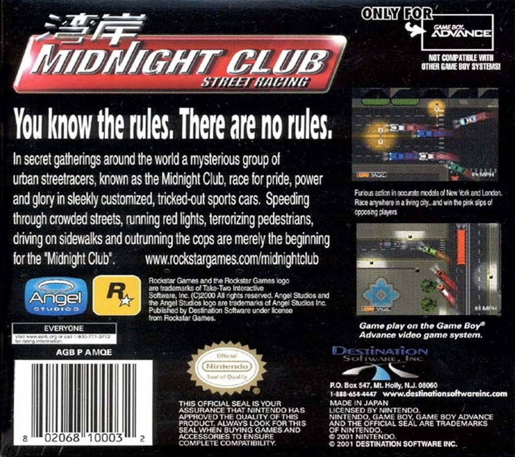 Midnight Club Street Racing Game Boy Advance back of case for retro video game featuring open world street racing gameplay illegal urban racing fast paced arcade driving car customization night city environments and portable handheld racing action on the GBA system