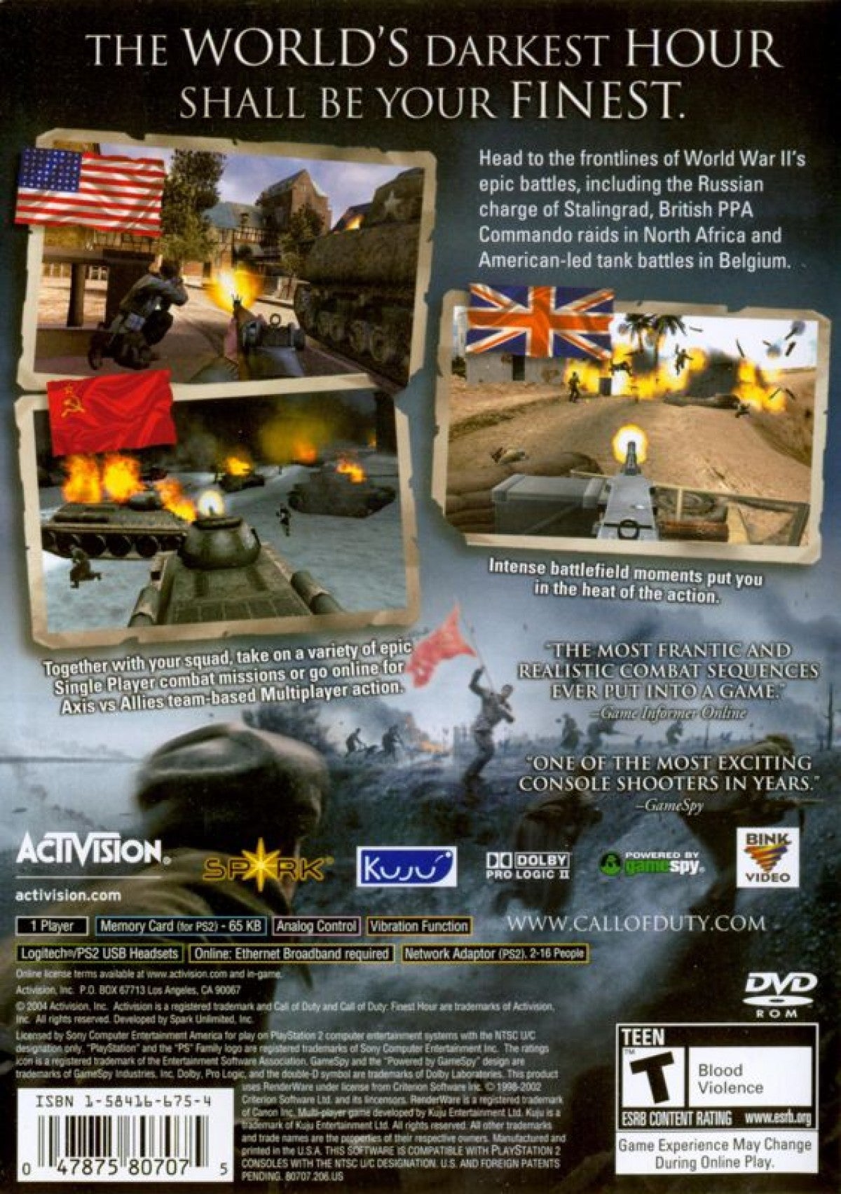 Call of Duty Finest Hour PS2 Sony PlayStation 2 video game WWII World War 2 first person shooter FPS military combat tactical shooter Activision retro classic gaming PlayStation 2 software game title back cover art