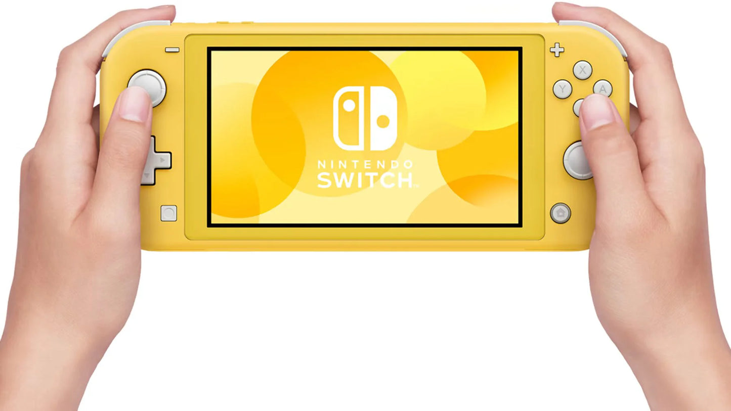 Person holding a yellow Nintendo Switch Lite console from the front, showing the bright yellow casing, integrated controls, and display screen.