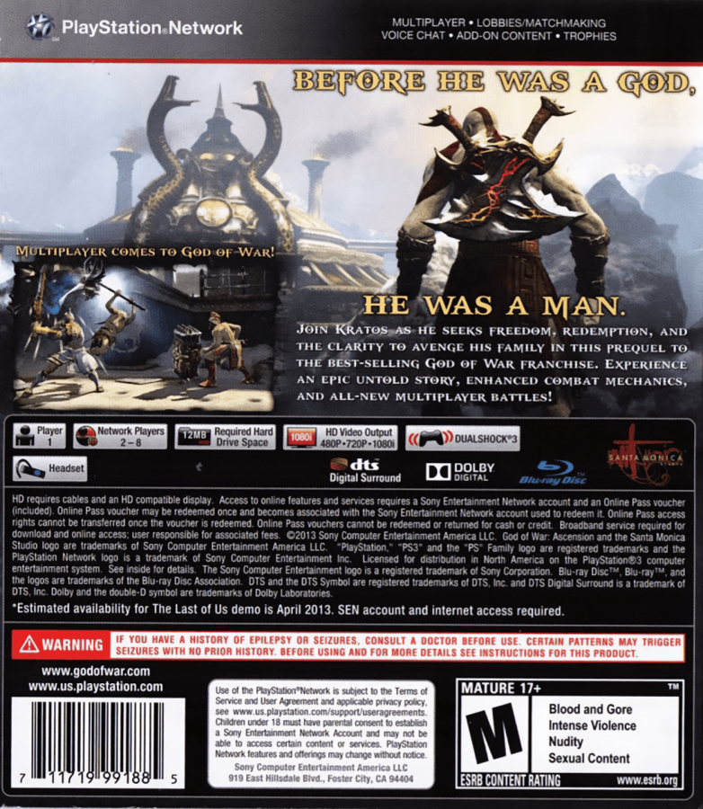 God of War: Ascension back cover art for PlayStation 3 (PS3) video game