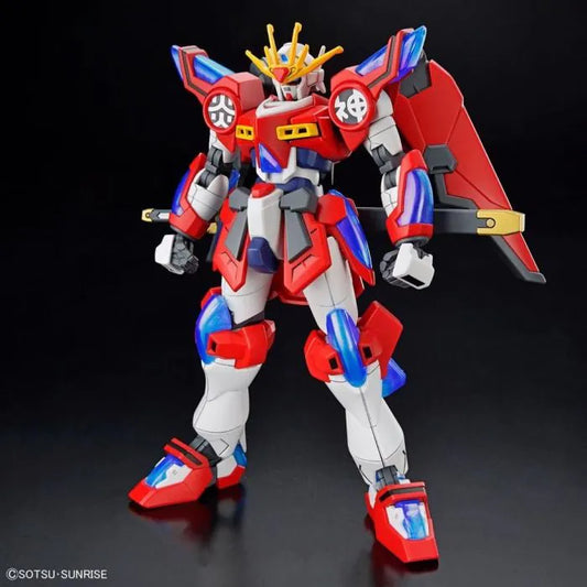 Shin Burning Gundam Gundam Build Metaverse Bandai Spirits HG 1/144 scale model kit inspired design featuring detailed buildable mecha aesthetic martial arts inspired mobile suit design articulated armor components fiery energy effects dynamic action poses collectible plastic model building and anime inspired display presentation