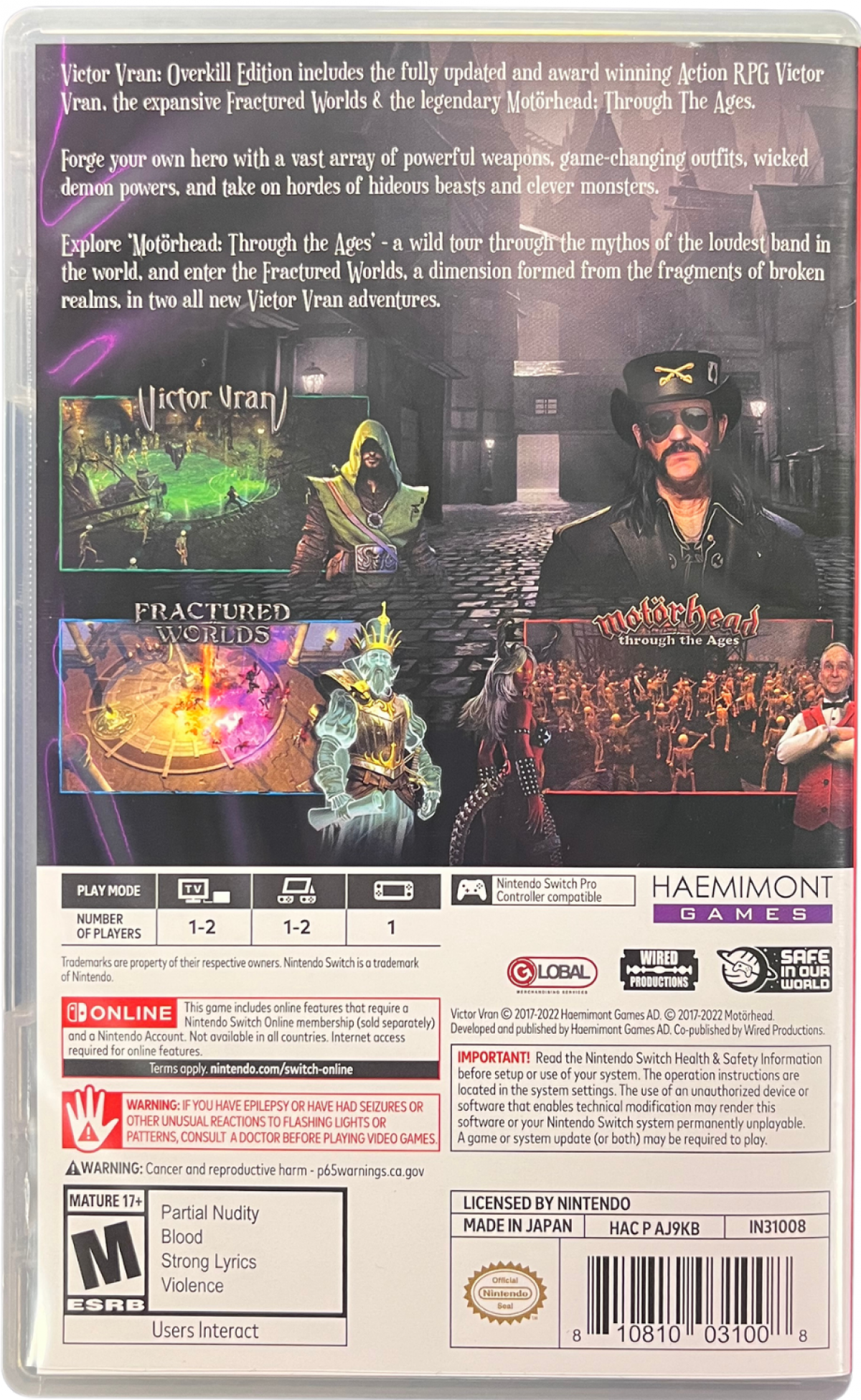 Victor Vran Overkill Edition Nintendo Switch inspired design featuring action role playing adventure aesthetic demon hunting combat customizable weapons dark fantasy environments loot driven progression cooperative gameplay and intense hack and slash action presentation back art