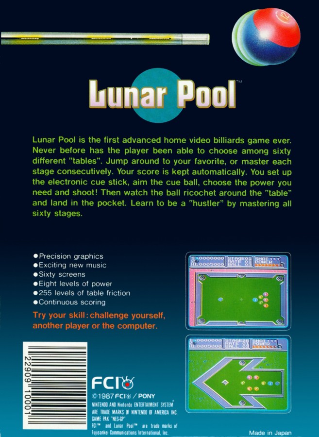 Lunar Pool Nintendo Entertainment System NES for retro video game enthusiasts featuring billiards style puzzle gameplay angled shot mechanics gravity influenced ball physics increasingly complex table layouts precision aiming challenges and classic arcade style sports puzzle action and collectible gaming appeal back art