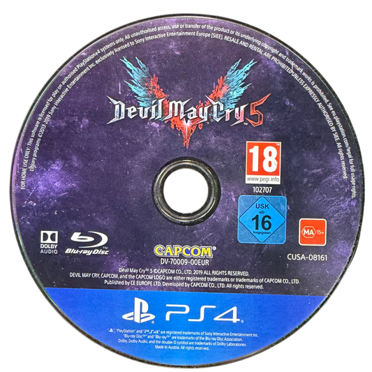 Devil May Cry 5 PAL Import PlayStation 4 PS4 for retro video game enthusiasts featuring stylish action gameplay fast paced demon hunting combat combo driven mechanics multiple playable characters cinematic boss battles supernatural adventure elements and collectible gaming appeal disc