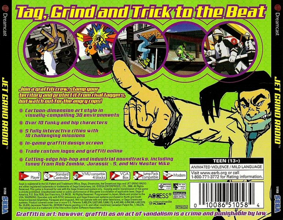 Jet Grind Radio Dreamcast featuring cel-shaded street skating gameplay with graffiti art and urban city style cover art