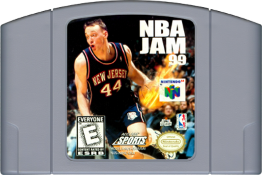 NBA Jam 99 Nintendo 64 N64 video game featuring arcade basketball gameplay NBA teams and players fast paced matches high flying dunks competitive action special moves two on two basketball and classic 64 bit Nintendo sports gameplay retro video game collection collectible gaming appeal game cartridge