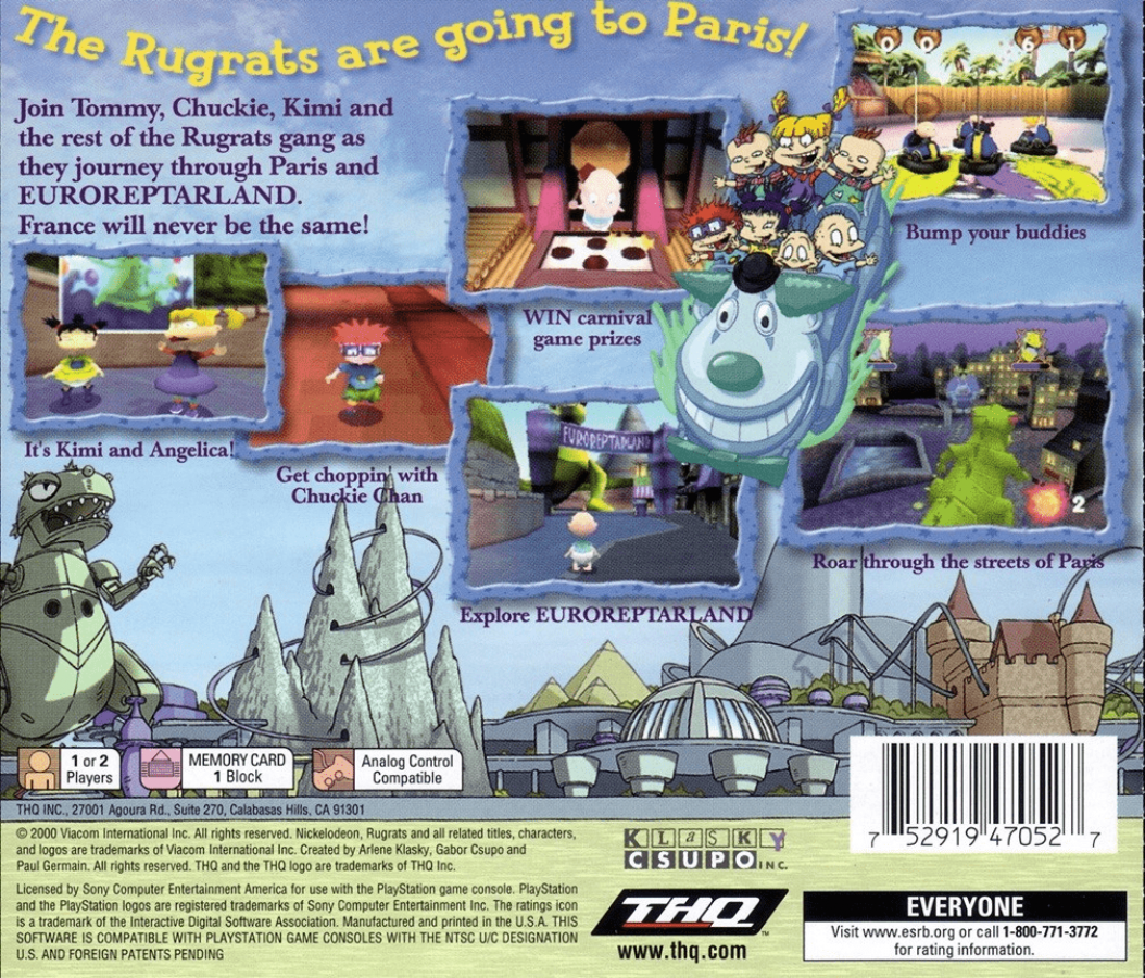 Rugrats in Paris back of case for PlayStation 1 (PS1) family adventure video game