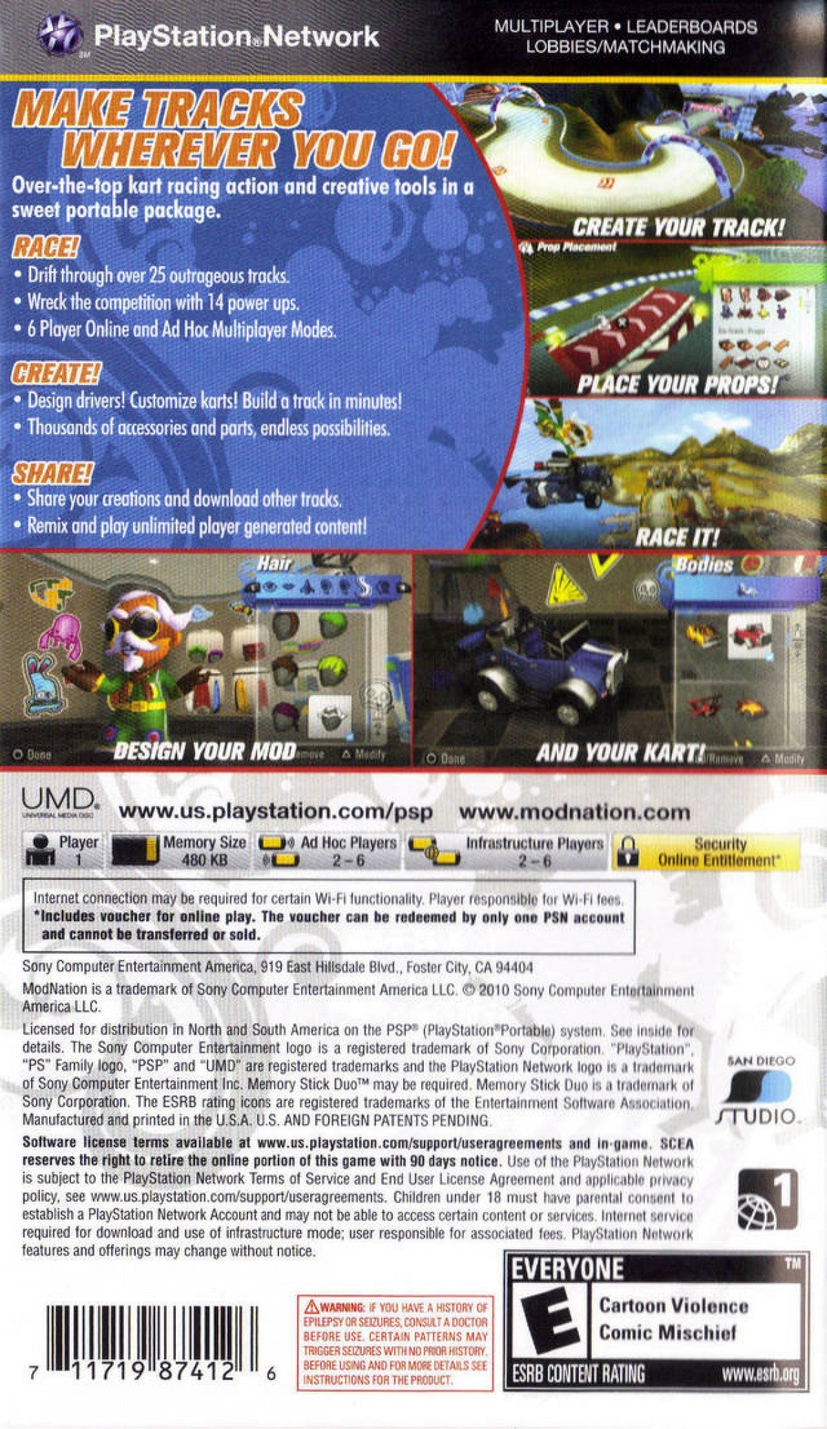 ModNation Racers back of case for PlayStation Portable (PSP) kart racing game