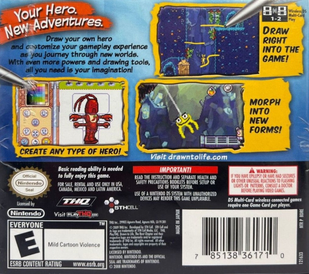 Drawn to Life The Next Chapter Nintendo DS platformer adventure game creative drawing gameplay custom characters world creation puzzle platforming story driven action THQ touch screen stylus controls Nintendo DS software video game title back art