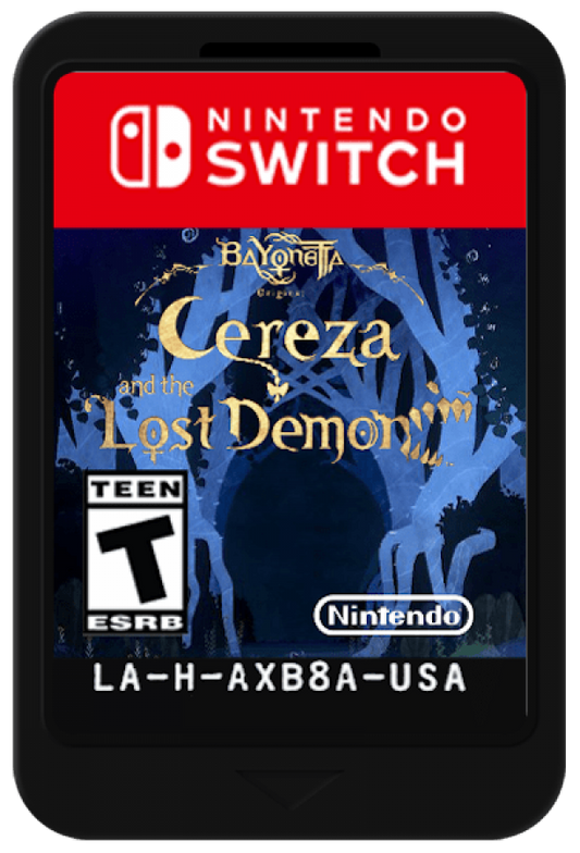 Bayonetta Origins Cereza and the Lost Demon Nintendo Switch action-adventure prequel puzzle-platforming fairy-tale art style Cereza demon companion Cheshire magical forest storybook aesthetic cartridge art