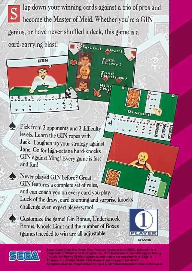 Poker Face Paul's: Gin back cover art for Sega Game Gear (GG) video game