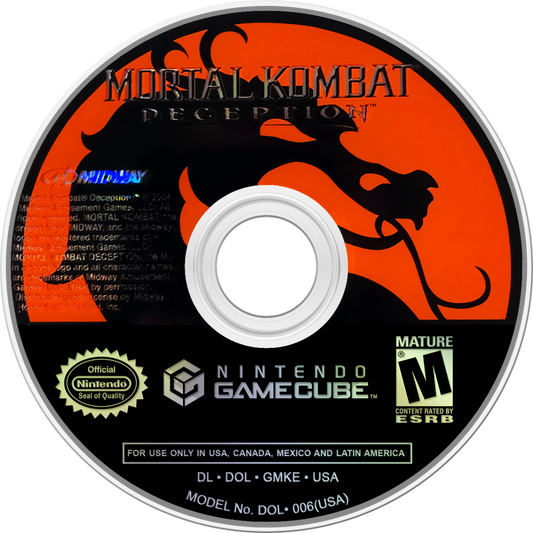 Mortal Kombat: Deception for Nintendo GameCube (GC) at Gamers INC, featuring the brutal and deep installment of the legendary fighting series that introduces the massive "Konquest" open-world RPG mode and innovative "Chess Kombat" and "Puzzle Kombat" mini-games, alongside a massive roster of warriors—including GameCube exclusive playable characters Goro and Shao Kahn—for the ultimate fatalities and weapon-based combat experience disc