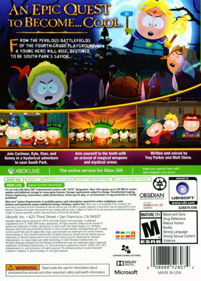 South Park: The Stick of Truth back of case for Xbox 360 (X360) role-playing video game