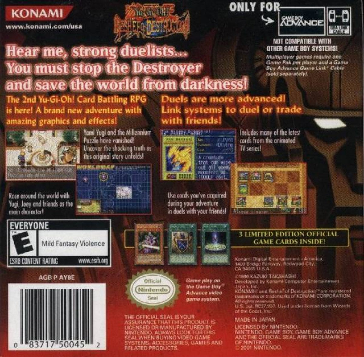 Yu-Gi-Oh! Reshef of Destruction Game Boy Advance back of case for retro video game featuring strategic card battle gameplay, duel monster mechanics, anime inspired storyline, deck building progression, turn based dueling strategy, and portable handheld trading card game adventure on GBA system