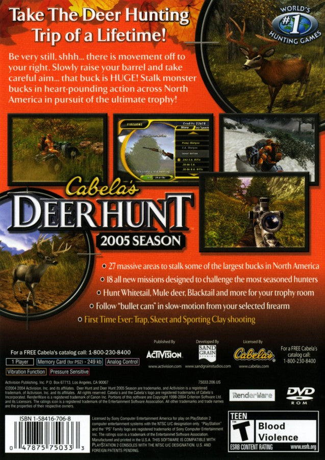 Cabela’s Deer Hunt 2005 for PlayStation 2 with deer hunting and outdoor simulation theme back cover art