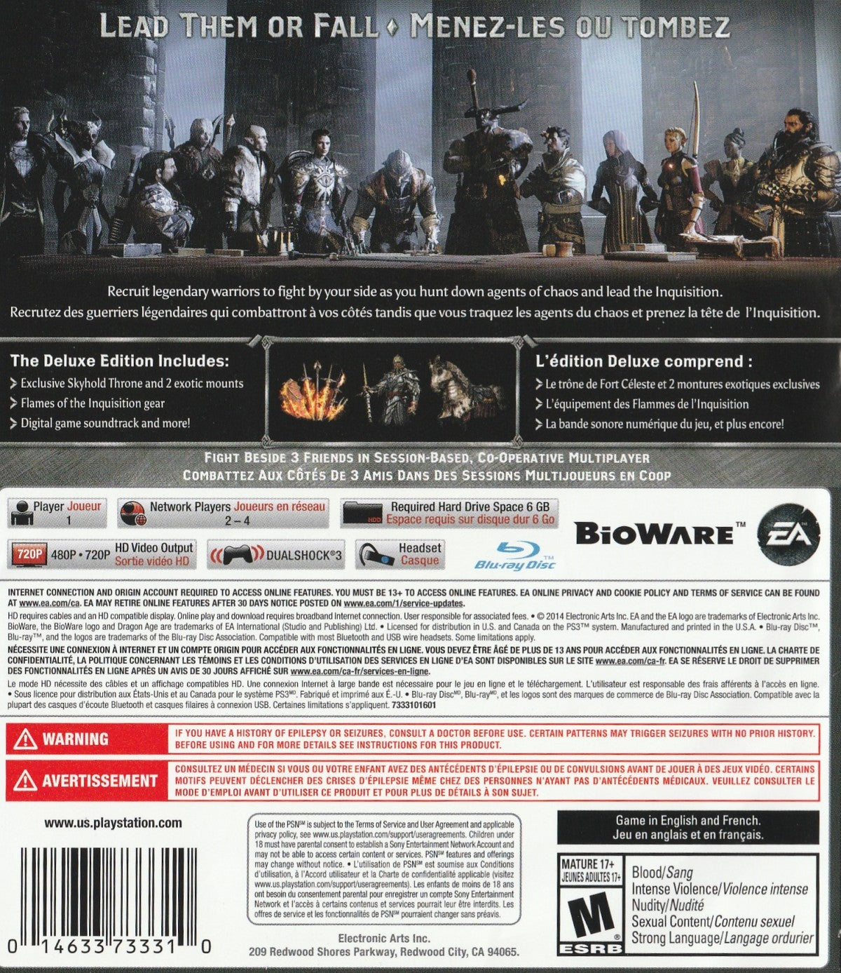 Dragon Age: Inquisition (Deluxe Edition) back cover art for PlayStation 3 (PS3) video game.