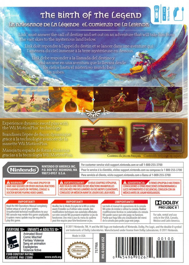 The Legend of Zelda: Skyward Sword back cover art for Nintendo Wii (Wii) video game