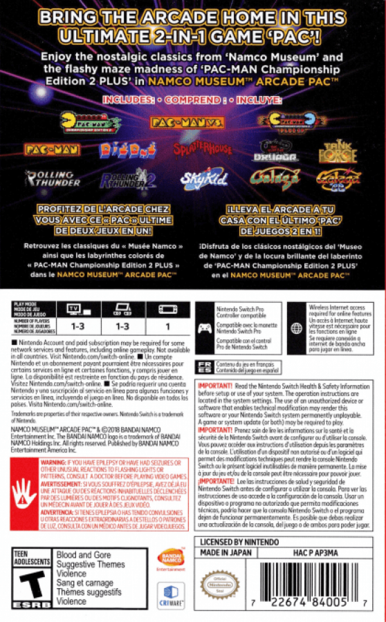 Namco Museum Arcade Pac – Nintendo Switch (NS) Back Box Art HD Image for this Classic Fun Nintendo switch Game
