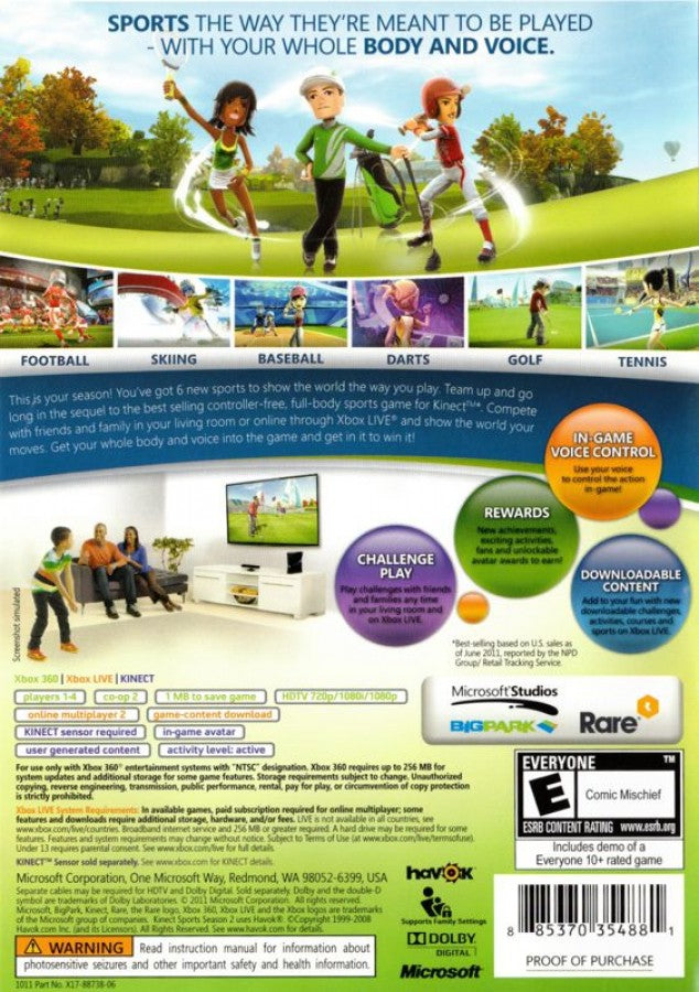 Kinect Sports: Season Two back of case for Xbox 360 (X360) motion-controlled sports party video game