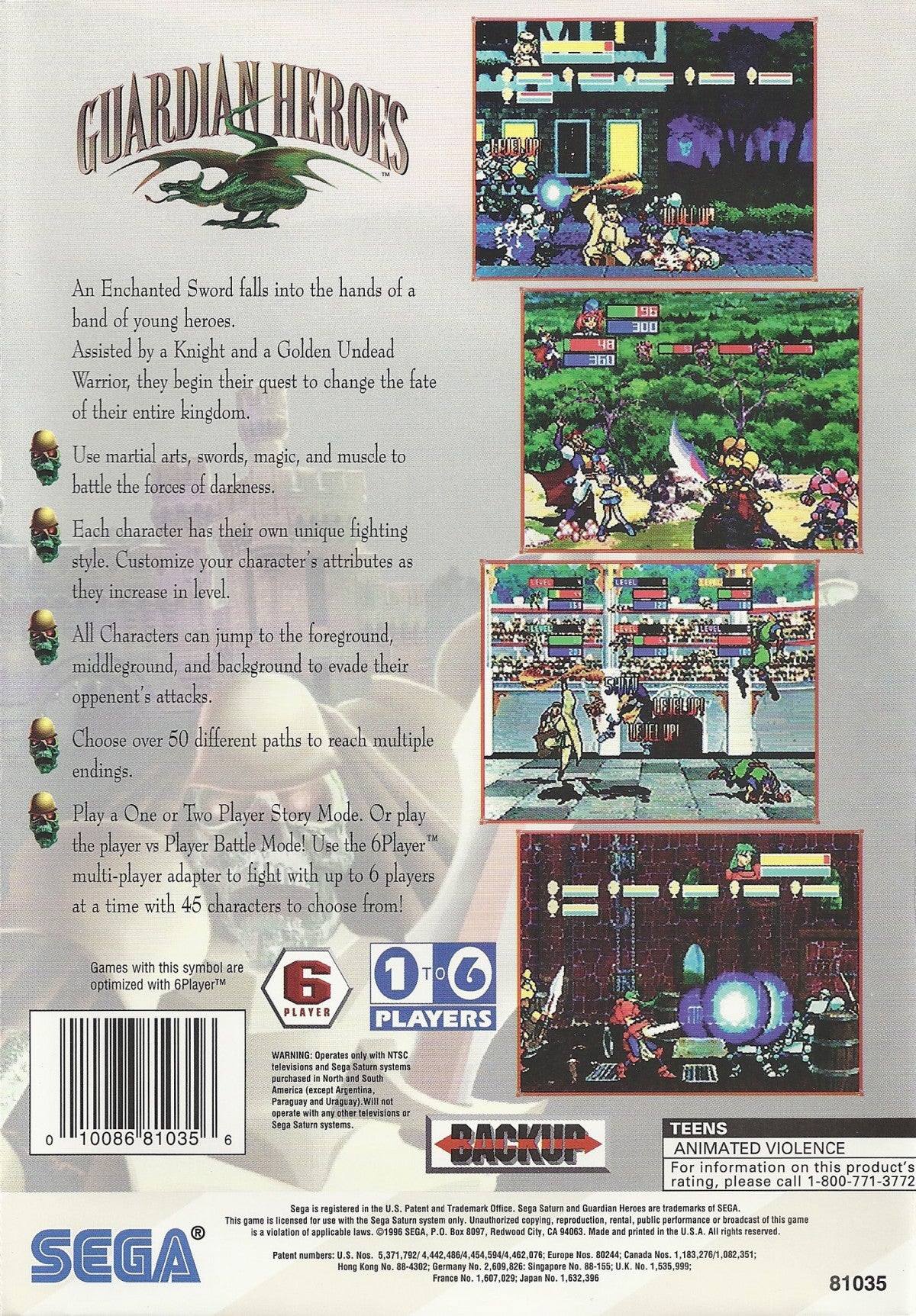 Guardian Heroes Sega Saturn action RPG beat em up hybrid Treasure Studios side scrolling combat branching story multiple endings magic combo system cooperative multiplayer arena battles retro gaming Sega Saturn software video game title back cover art