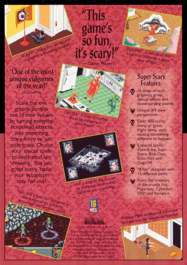 Haunting Starring Polterguy Sega Genesis GEN for retro video game enthusiasts featuring action puzzle gameplay mischievous ghost antics haunted house exploration object possession mechanics humorous supernatural challenges unique horror themed adventure and collectible gaming appeal back art