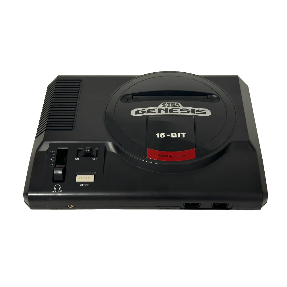 Front angled view of a Sega Genesis Model 1 console showing the cartridge slot, volume slider with headphone jack, power and reset buttons, controller ports, and logo from a slight side perspective.