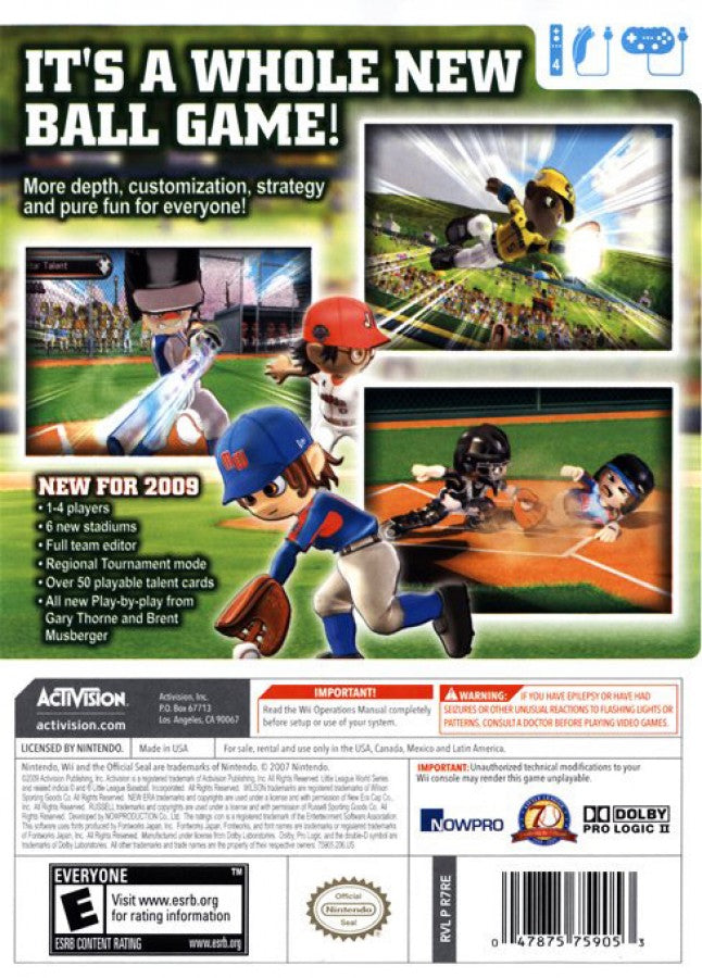 Little League World Series Baseball 2009 – Nintendo Wii (Wii) baseball sports video game back of case