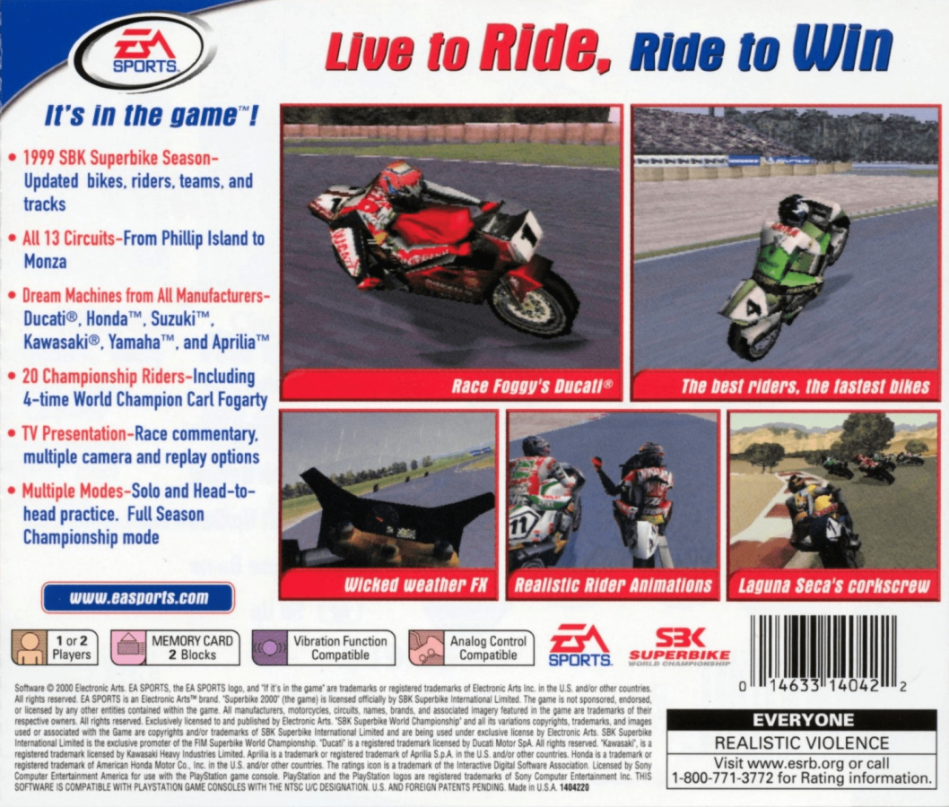 Superbike 2000 back of case for PlayStation 1 (PS1) motorcycle racing video game