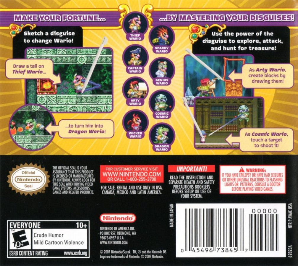 Wario: Master of Disguise back of case for Nintendo DS (DS) platformer video game