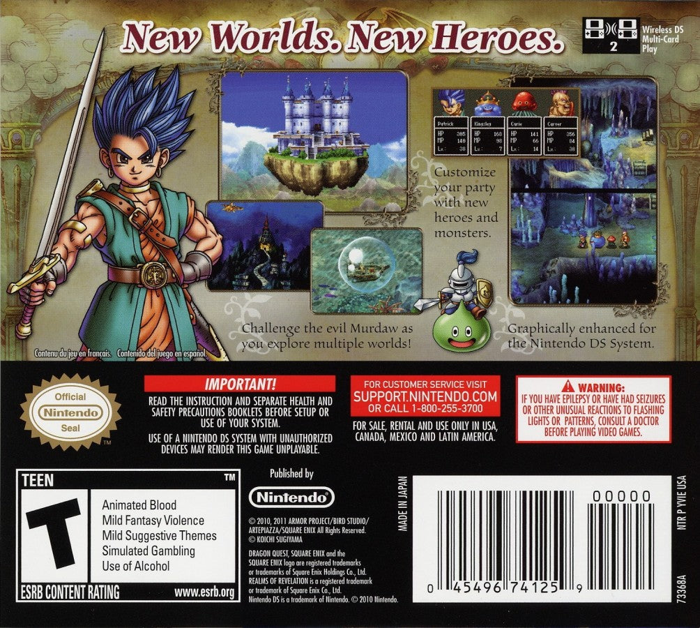 Dragon Quest VI Realms of Revelation Nintendo DS video game, JRPG, fantasy adventure, turn-based combat, classic Dragon Quest title back cover art