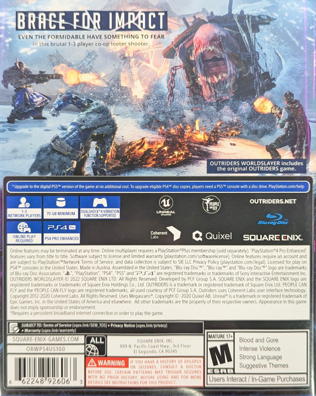 Outriders: Worldslayer for PlayStation 4 (PS4) at Gamers INC, featuring the definitive co-op looter-shooter experience with a massive new campaign, the endgame Trial of Tarya Gratar, and powerful Apocalypse Tier gear to customize your ultimate Altered warrior back cover