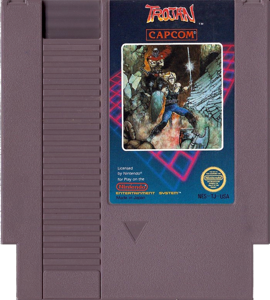 Trojan 5 Screw Nintendo Entertainment System NES video game featuring side scrolling action gameplay martial arts combat enemy battles weapon attacks challenging stages boss fights arcade style action and classic 8 bit Nintendo gameplay retro video game collection collectible gaming appeal game cartridge