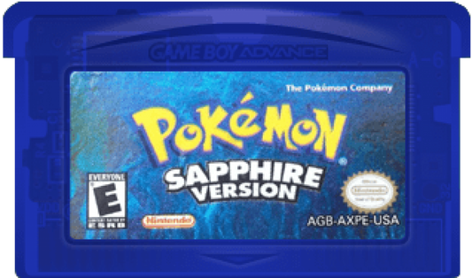 Pokemon Sapphire cartridge art for Game Boy Advance (GBA) game only featuring classic turn-based RPG gameplay and Hoenn region adventure