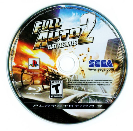 Full Auto 2 Battlelines PlayStation 3 video game featuring high speed vehicular combat destructible environments arcade racing action and explosive multiplayer gameplay disc