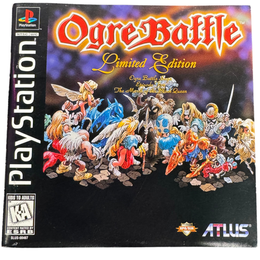 Ogre Battle PlayStation 1 PS1 strategy role playing video game featuring tactical battles real-time unit movement fantasy warfare character recruitment army management magical attacks kingdom liberation and classic PlayStation 1 PS1 gameplay collectible retro gaming appeal manual
