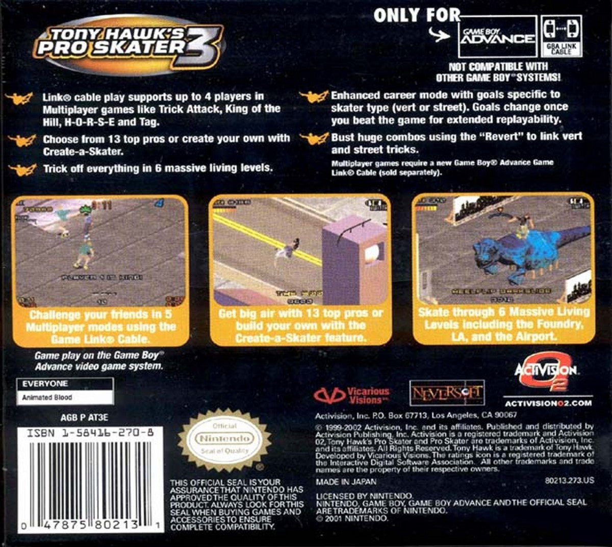 Tony Hawk's Pro Skater 3 game for the Game Boy Advance featuring skateboarding gameplay with an isometric perspective trick combos career mode objectives multiple skaters and level based challenges adapted from the console version back cover art