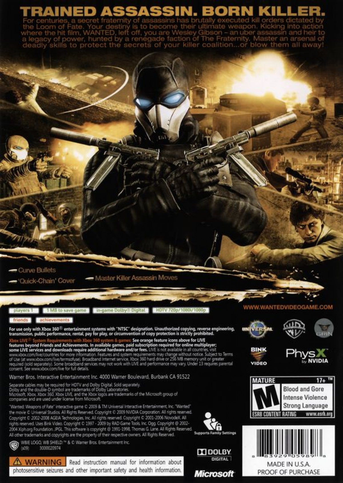 Wanted: Weapons of Fate for Xbox 360 third person action shooter video game featuring bullet time mechanics cinematic gunplay comic book inspired storytelling and high intensity revenge driven gameplay experience back cover art