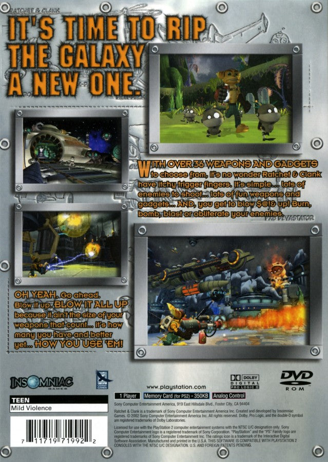 Ratchet and Clank PS2 PlayStation 2 action platformer game retro video game back of case