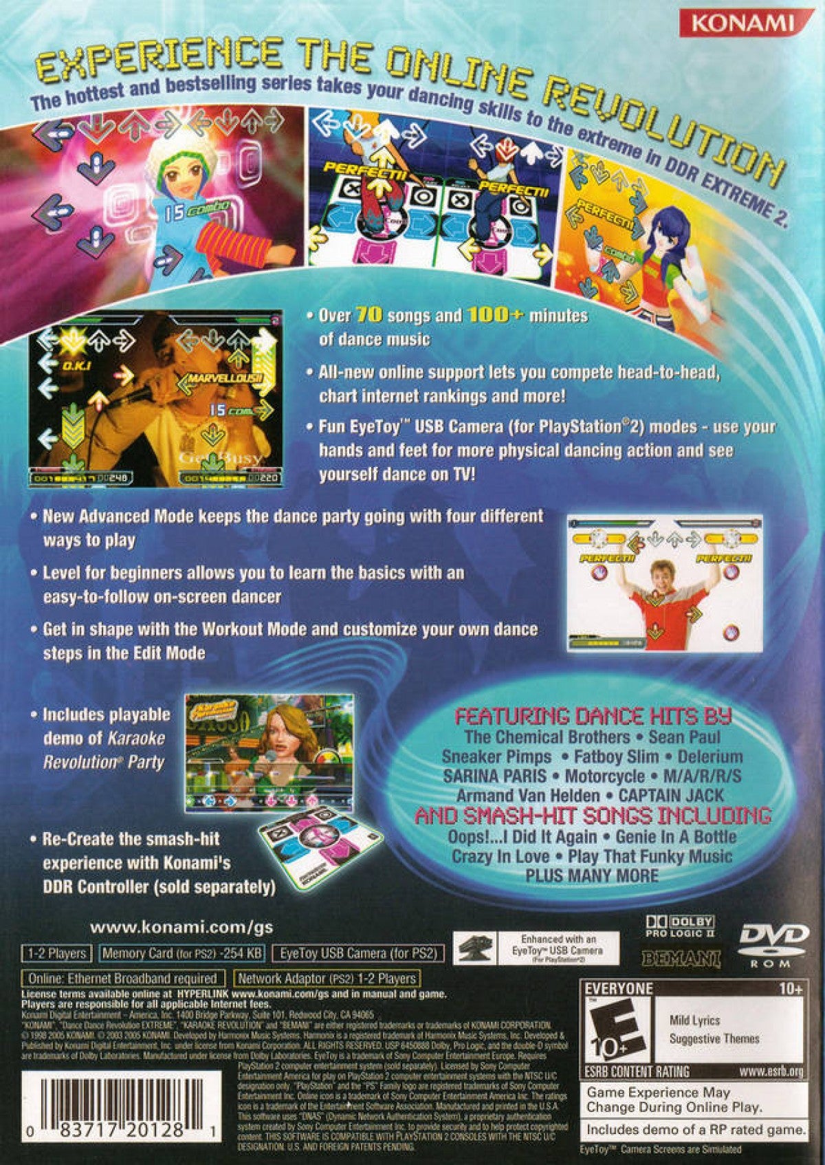 Dance Dance Revolution Extreme 2 disc for the PlayStation 2 featuring rhythm dance gameplay with music tracks step based challenges and multiplayer modes using a dance pad controller back cover art
