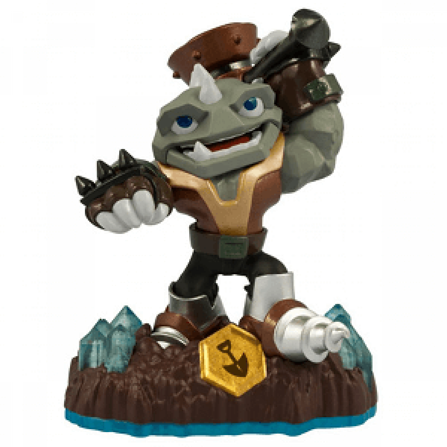 Rubble Rouser Skylanders Swap Force figure, earth element rock golem with drill arms and tank tread lower body, posed in powerful digging stance, detailed collectible toy on portal base from Skylanders Swap Force series