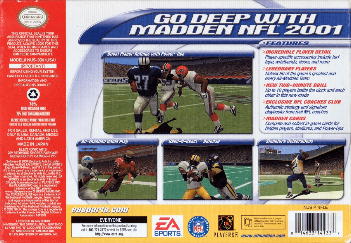 Madden NFL 2001 back cover art for Nintendo 64 (N64) video game