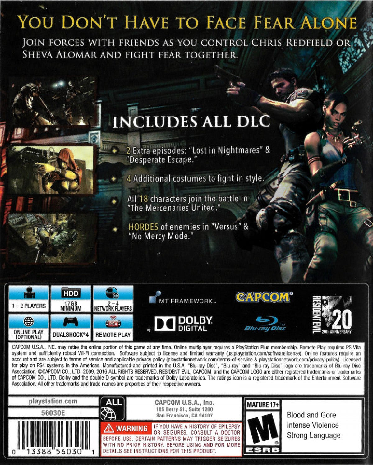 Resident Evil 5 PlayStation 4 game featuring third person action horror gameplay cooperative multiplayer campaign Chris Redfield and Sheva Alomar story intense combat upgraded HD graphics and survival horror experience by Capcom back cover art
