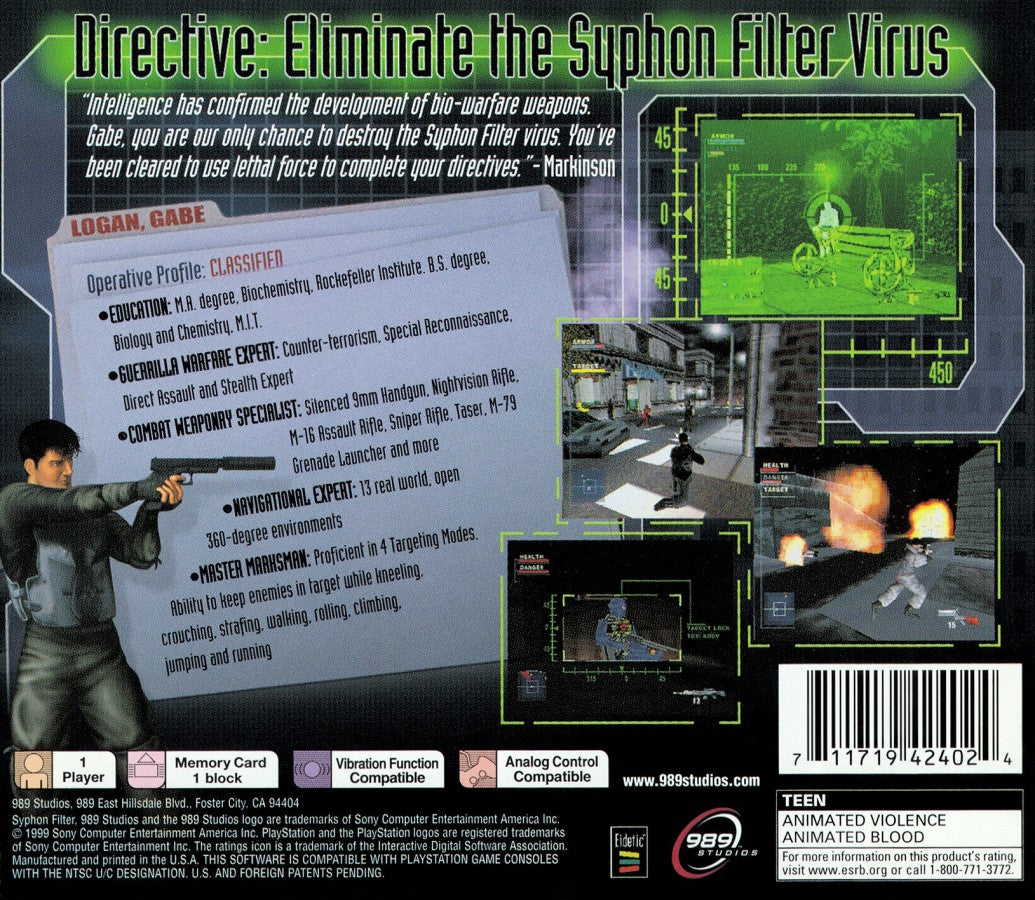 Syphon Filter PlayStation 1 PS1 for retro video game enthusiasts featuring third person action shooter gameplay stealth espionage missions tactical combat cinematic storytelling military operations varied mission objectives and collectible gaming appeal back cover