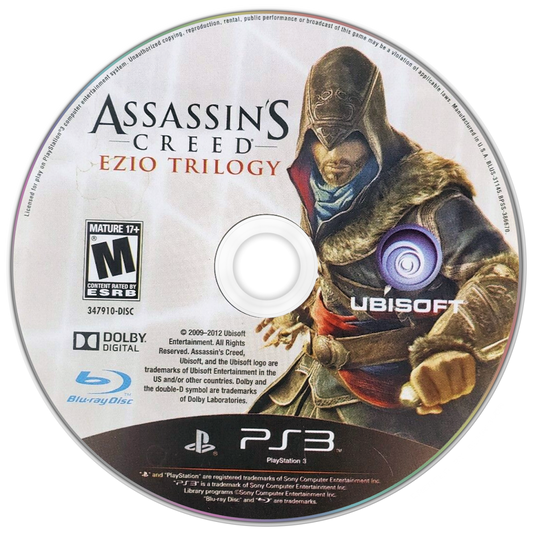 Assassin’s Creed Ezio Trilogy PS3 featuring three classic adventures of Ezio Auditore in Renaissance Italy collection disc